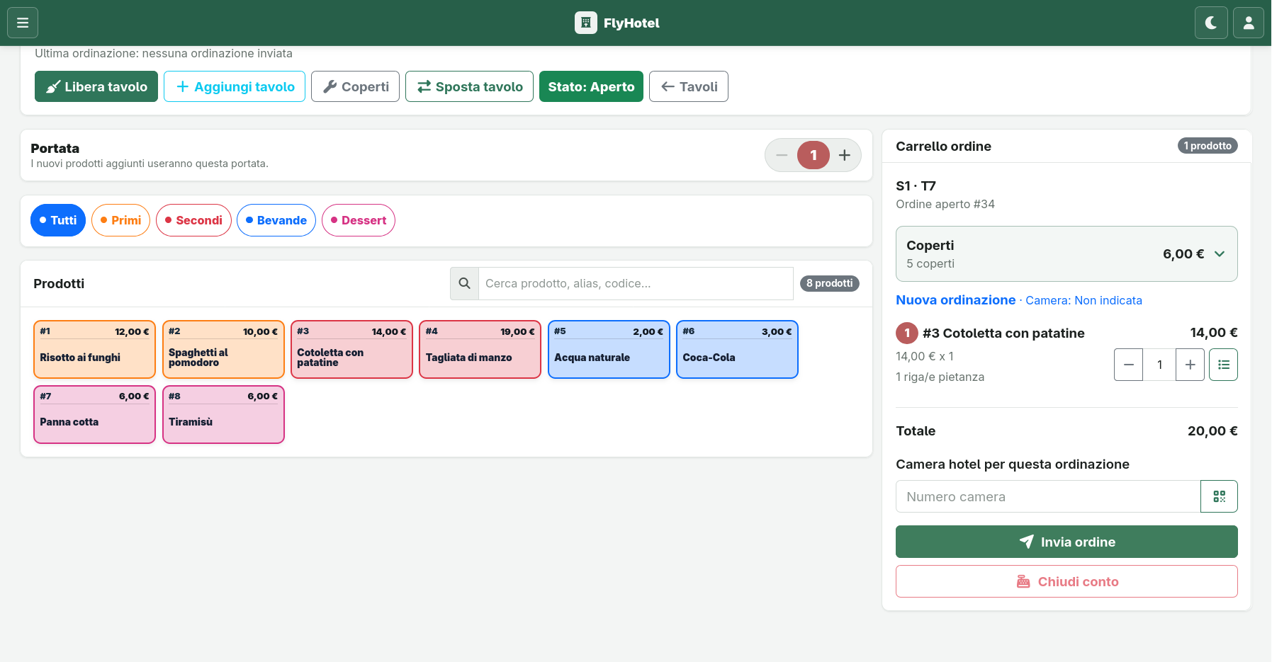 Screenshot: presa dell’ordine con carrello