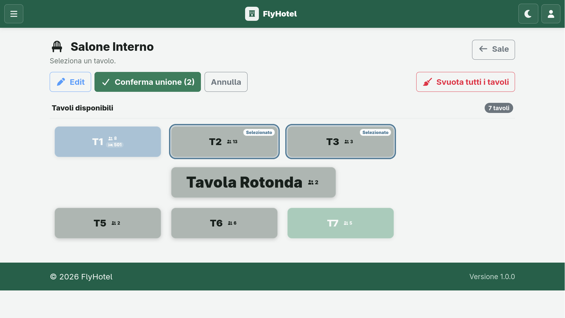 Screenshot: schema tavoli di una sala